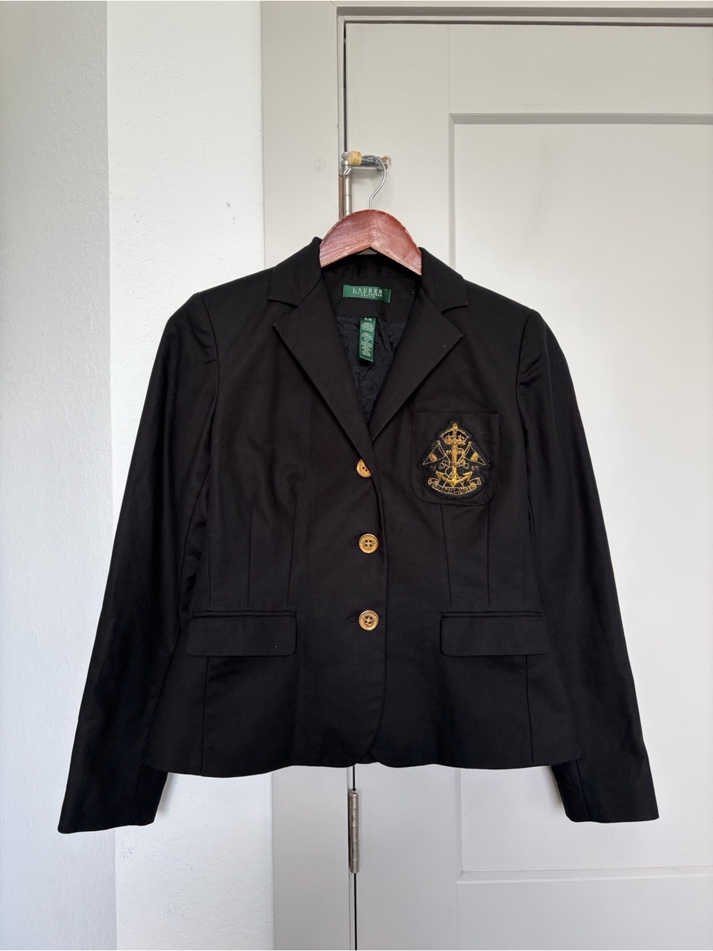 LAUREN RALPH LAUREN 3D CREST GOLD BUTTON BLAZER BLACK WOMEN’S MP PETITE